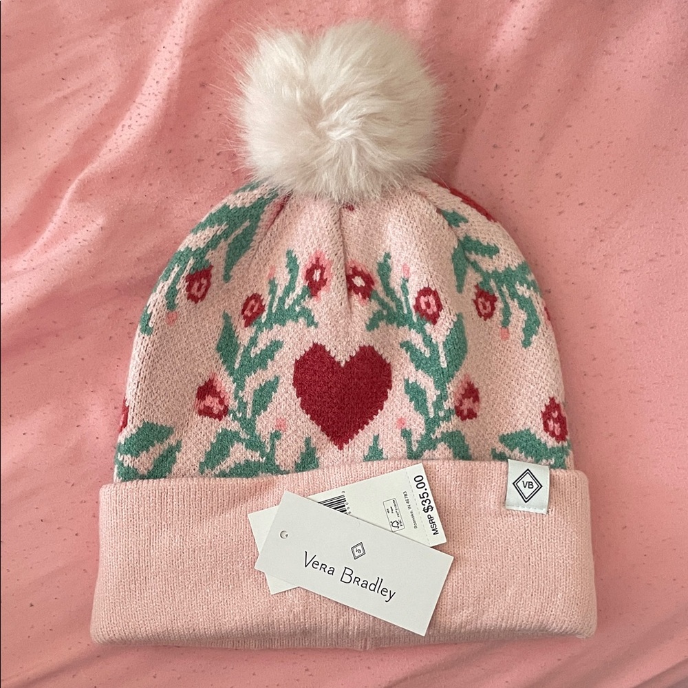 Vera Bradley Pink Heart Floral Beanie Hat